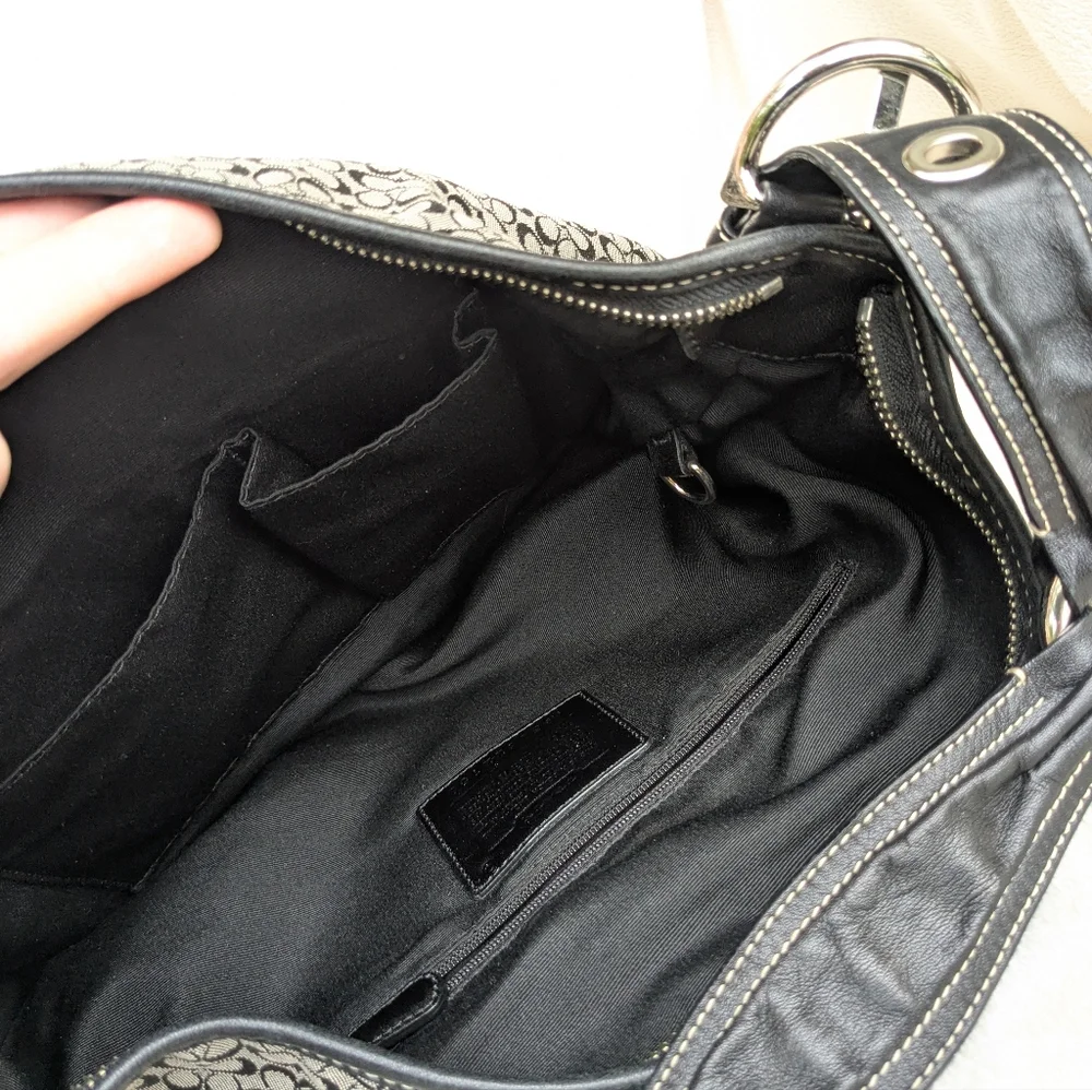 Coach Hobo Bag Signature Mini C Logo Black Gray Canvas Leather Jacquard Shoulder - Picture 8 of 11